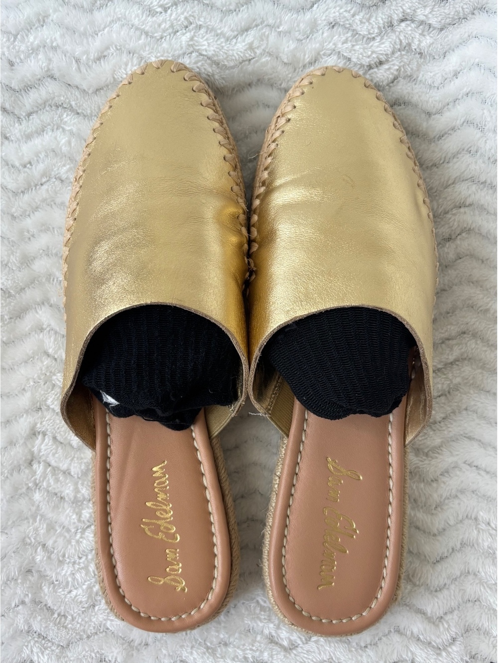 Sam Edelman Metallic Gold Leather Espadrille Mules Slip On Flats Women's 9.5